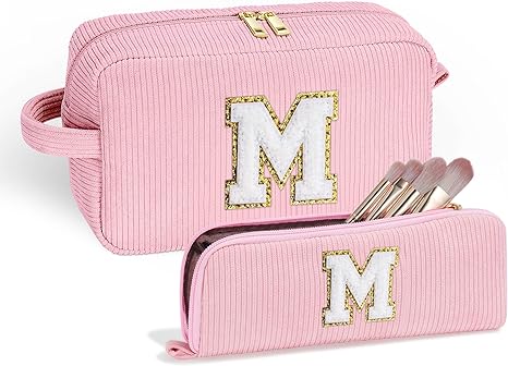 YOOLIFE Makeup Bag Personalized Gifts - Travel Makeup Bag Cute Pink Makeup Bag Make Up Bag Makeup Pouch Monogram Makeup Bag Travel Toiletry Tag Birthday Gifts Bridesmaid Gifts for Women Her Letter M