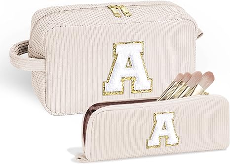 YOOLIFE Travel Makeup Bag Cosmetic Bag - Women Gifts Small Makeup Brush Bag Travel Essentials Makeup Pouch Cute White Makeup Bag Personalized Gifts Best Friend Birthday Gifts for Women White Letter A