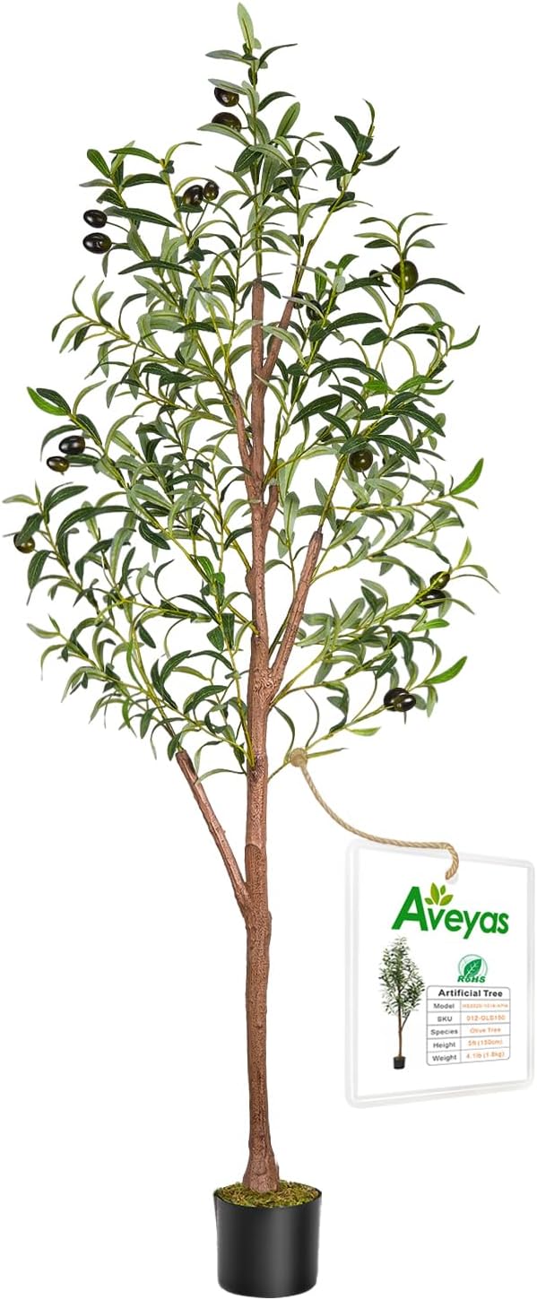 Aveyas 5ft Artificial Olive Tree for Home Decor, 5 Feet Faux Plant Fake Skinny Silk Trees with Black Olivo for Indoor Outdoor House Living Room Office (5 ft Tall)