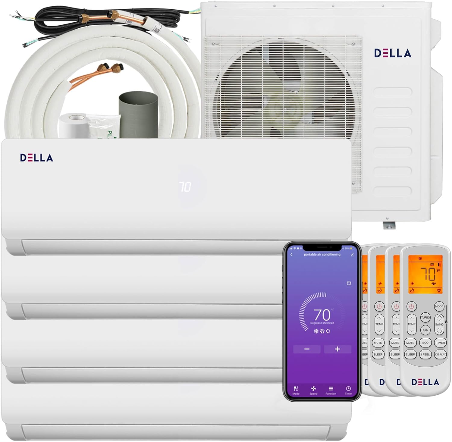 Della 36K BTU ODU Quad 4 Zone(12K 12K 12K 12K) 19 SEER2 208-230V Cools Up to 2200 Sq.Ft Wifi Energy Efficient Multi Zone Ductless Mini Split Air Conditioner Pre-Charged Heat Pump Full Set