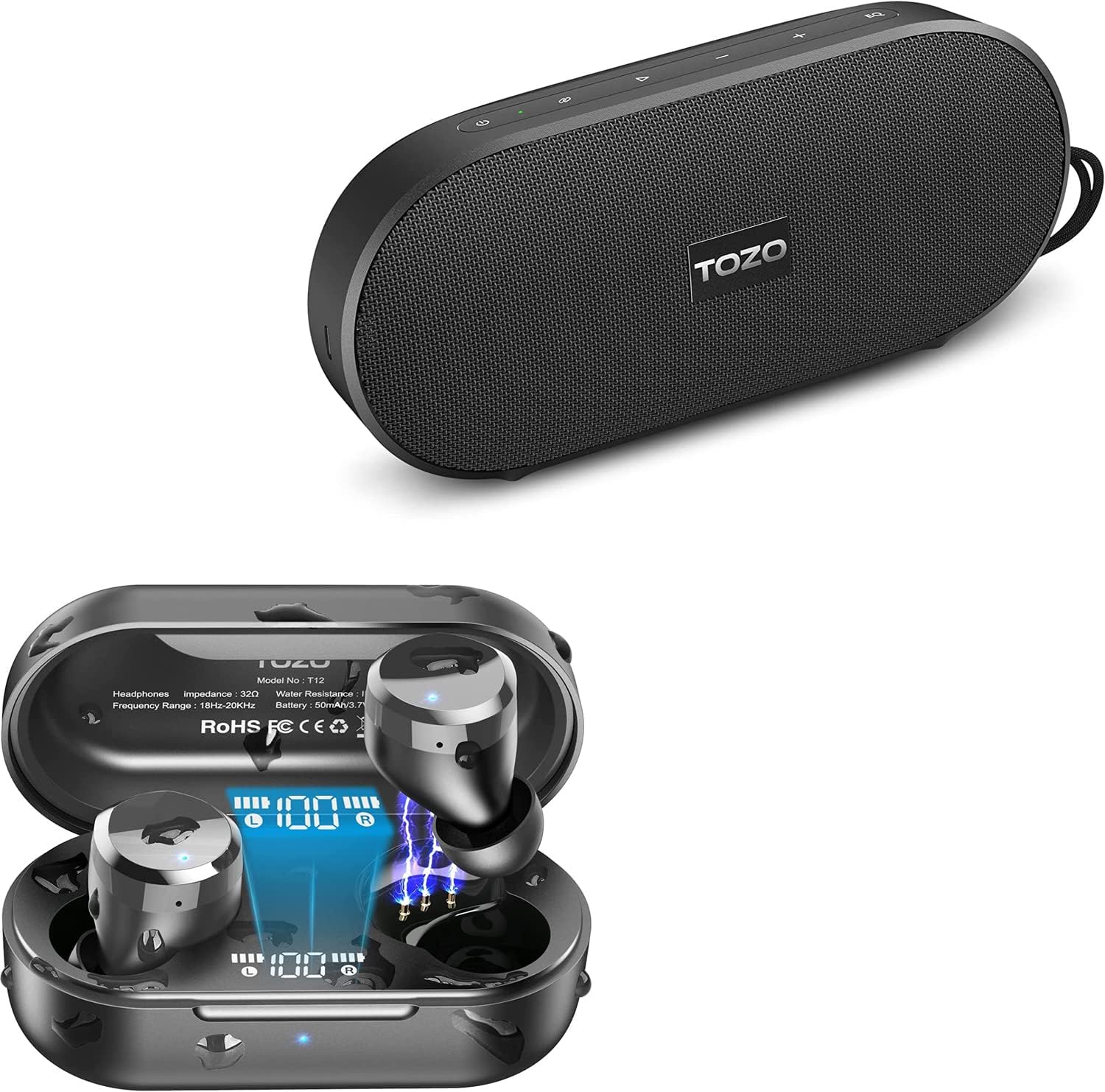 TOZO T12 2022 Wireless Earbuds Bluetooth 5.3 Headphones Premium Sound PA1 Bluetooth Speaker with 20w Stereo Sound, Long