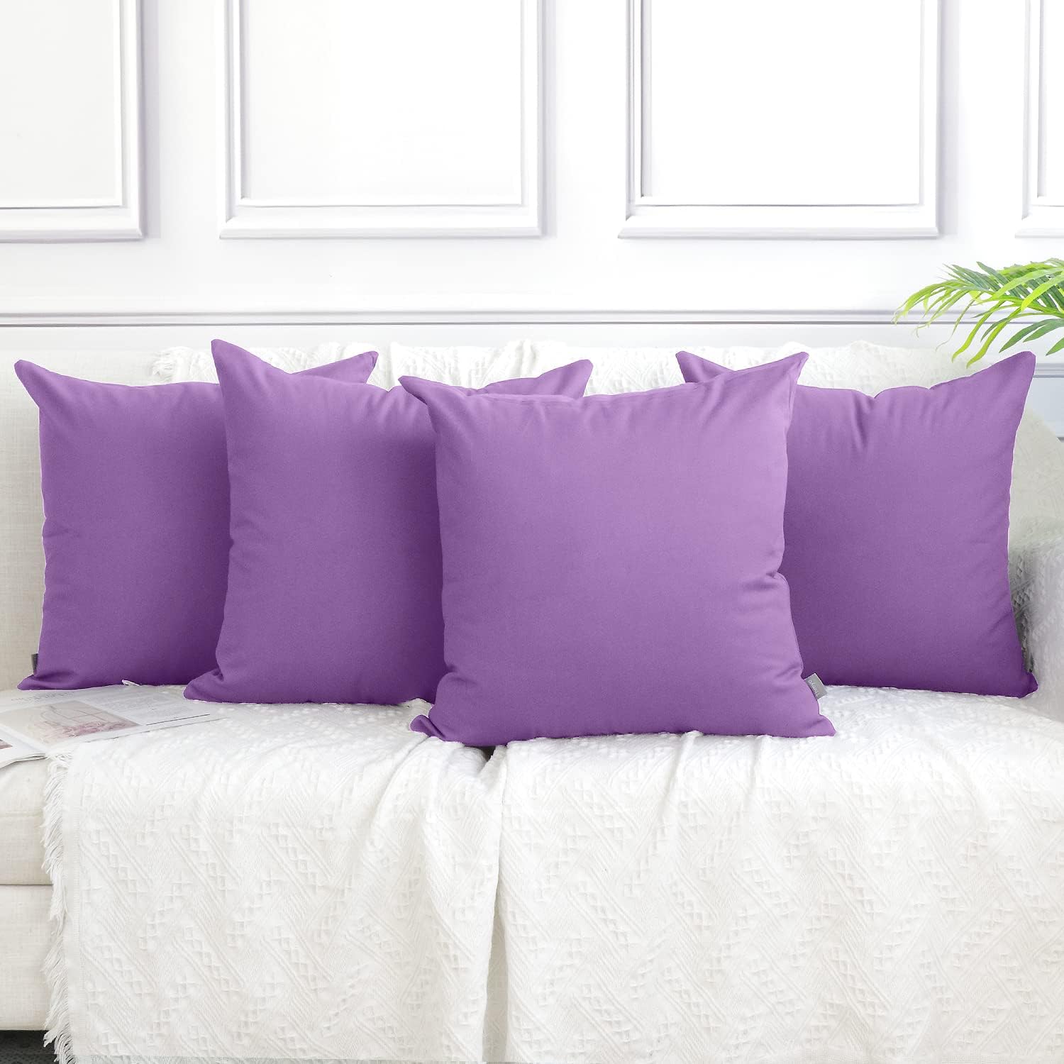 Pack of 4 Cotton Pillow Covers,Decorative Solid Square Throw Pillow Case for Home Sofa Decorative (Cover Only,No Insert)(16x16 inch/ 40x40cm,Light Purple)