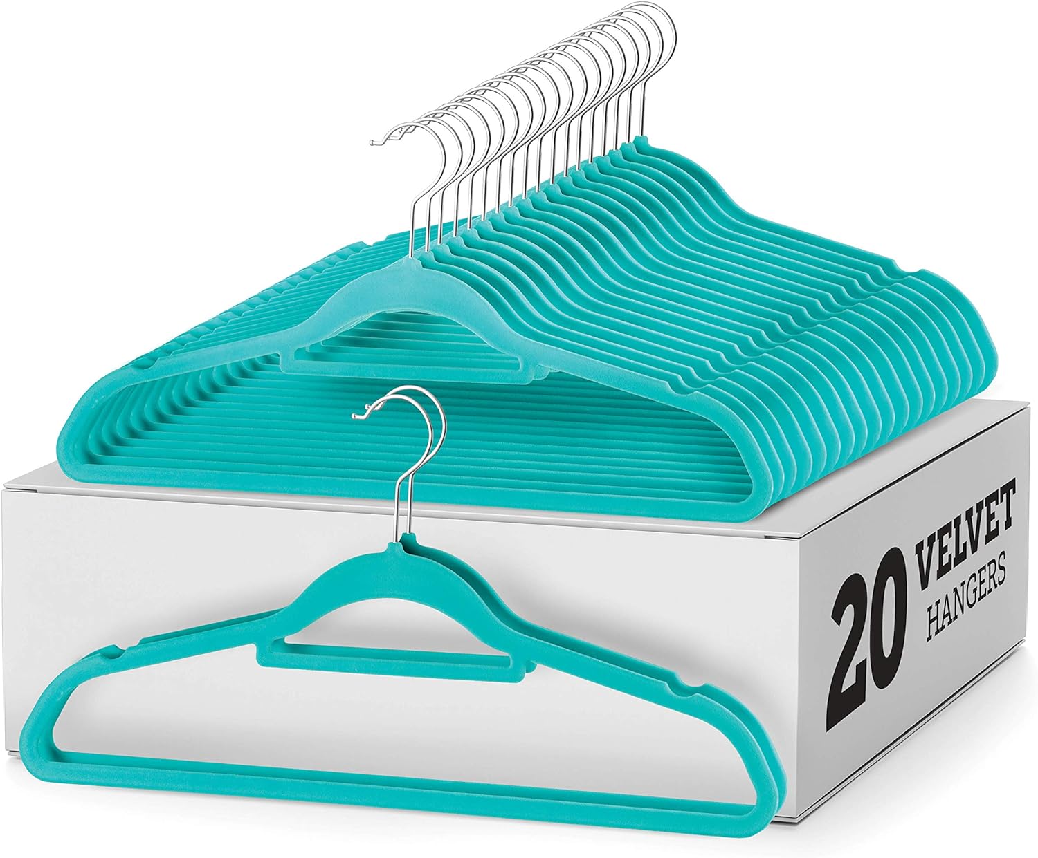 Zober Velvet Clothes Hangers 20 Pack - W/Tie Bar - Non-Slip, Swivel Hook, Slim Felt Hangers - Suits, Clothes, Pants, Coat Hanger - Turquoise