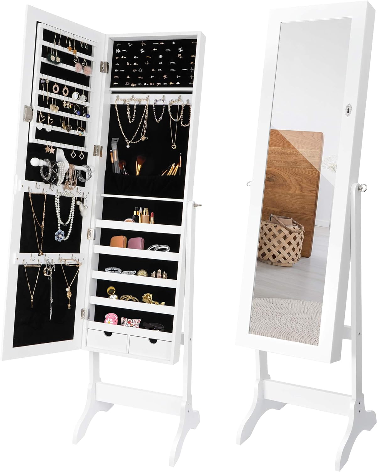 ZENY Jewelry Armoire Cabinet with Mirror Floor Standing Lockable Jewelry Storage Organizer with 2 Drawers 4 Adjustable Angles 