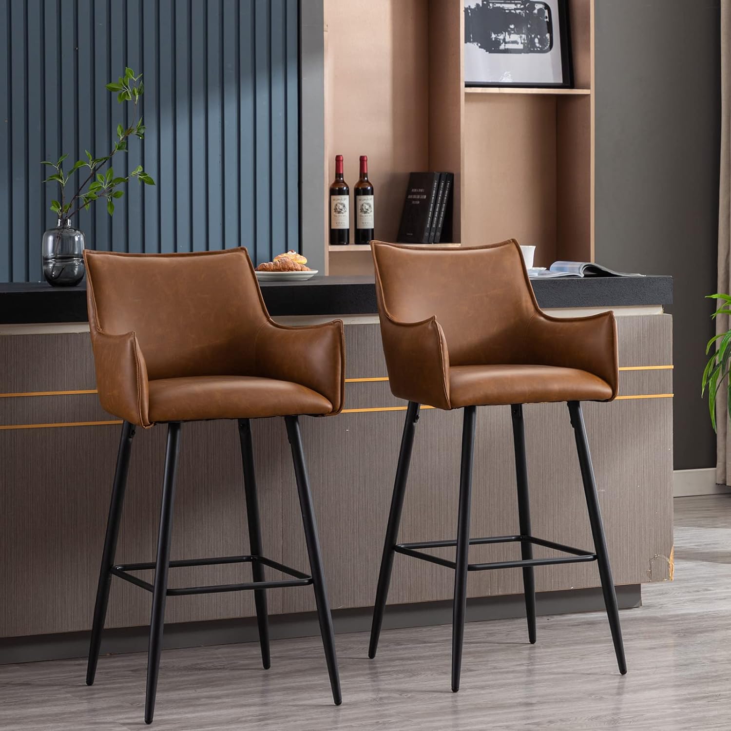 ZSARTS 30 Brown Bar Stools Set of 2, Modern Faux Leather High Back Barstools Upholstered Kitchen Island Chairs with Legs and Footrest for Home Bar Dining Room Pub (Brown)