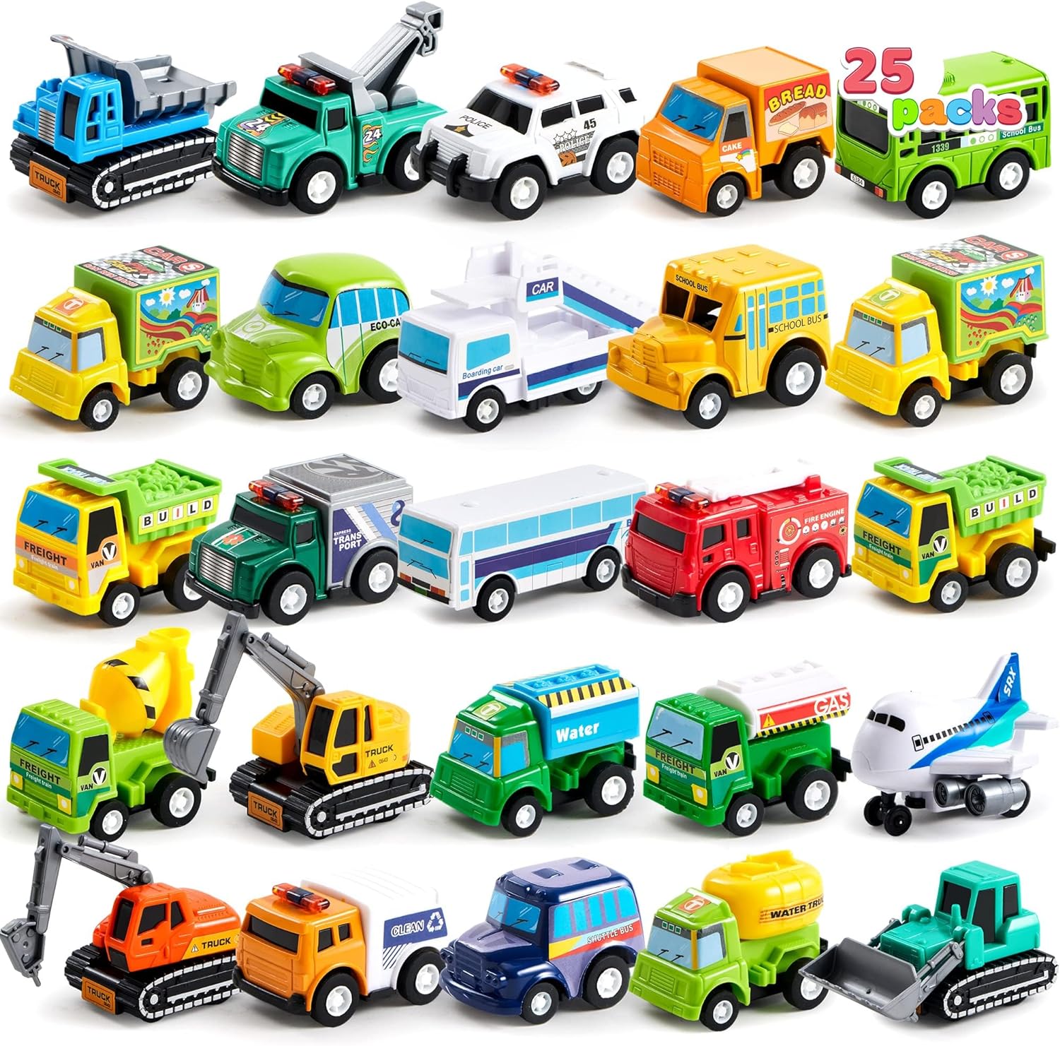 JOYIN 25 Pull Back Cars and Trucks Set for Toddlers and Kids, Die-Cast Toy Vehicles, Party Favors, Stocking Stuffers, Toys