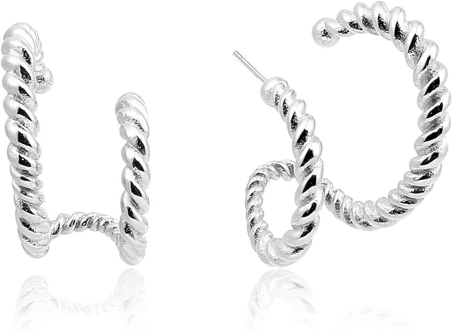 Gold Double Twist Hoop Earrings For Women Stainless Steel Waterproof Claw Earrings Jewelry Double Hoop Earrings For Single Piercing