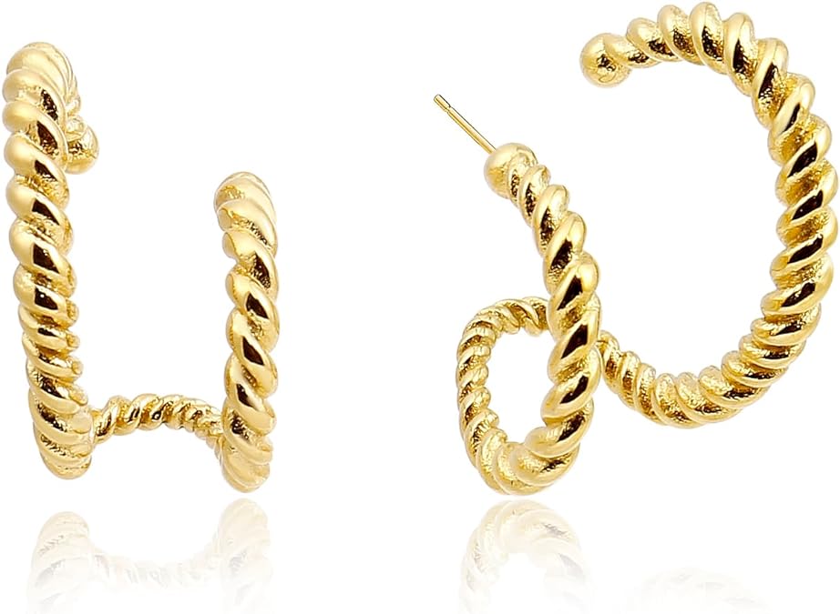 Gold Double Twist Hoop Earrings For Women Stainless Steel Waterproof Claw Earrings Jewelry Double Hoop Earrings For Single Piercing