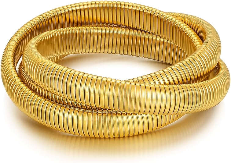 Gold Bangle multi-layer Bracelets for Women Stretchy Stainless steel Link Chain Flexible Wide Wristband Bracelets