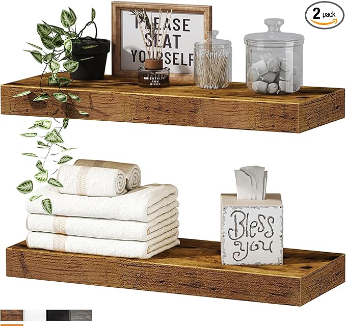 QEEIG Bathroom Shelves Floating Shelves for Wall Shelf Over Toilet Small Wall Mounted Farmhouse Decor 16 inch Set of 2, Rustic Brown (008-40BN)