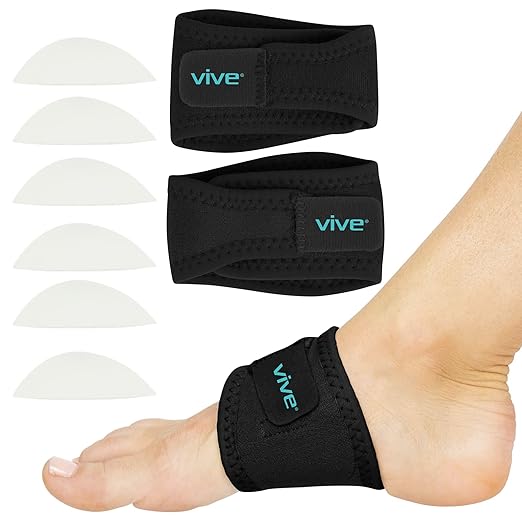 Arch Support Brace (Pair) - Plantar Fasciitis Gel Strap for Men, Woman - Orthotic Compression Support Wrap Aids Foot Pain, High Arches, Flat Feet, Heel Fatigue - Insert for Under Socks (Black)Visit the Vive Store