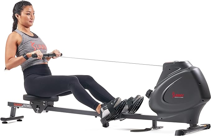 Sunny Health & Fitness Multi-Function Premium Magnetic Rowing Machine, Bicep Curls, Upward Rows, Seated Rows, Foldable Slide Rails, Digital Monitor and Optional Bluetooth with Exclusive SunnyFit App