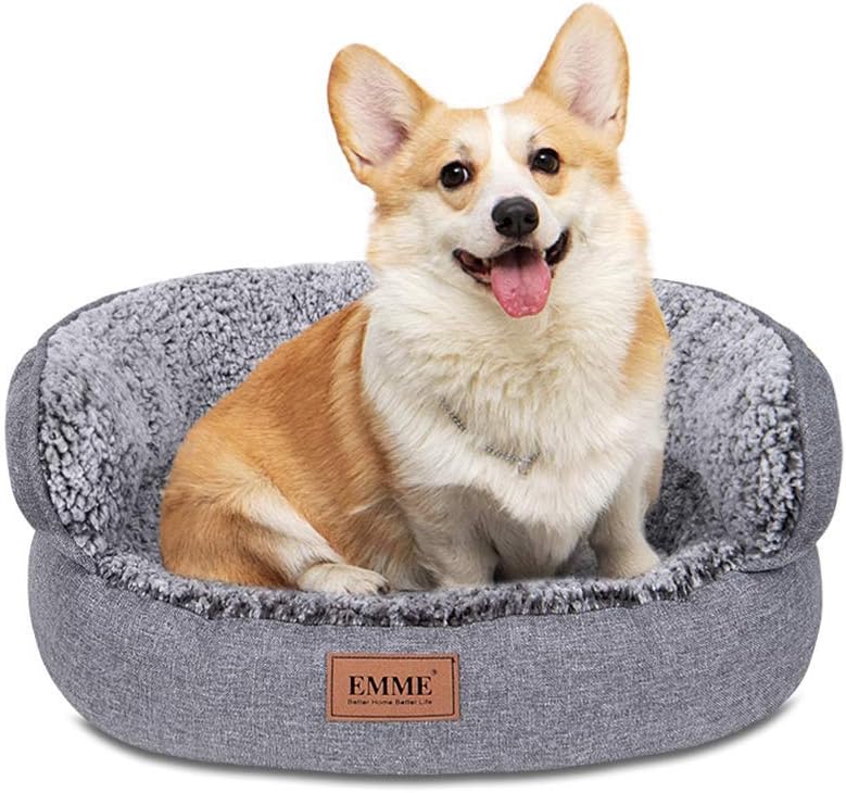 EMME Small Dog Bed & Cat Bed 22 inch Round Pet Beds for Indoor Puppies and Kittens Dual-Surface Removable & Washable Cushion for All Season Ultra Soft Pet Supplies (Grey, Small)