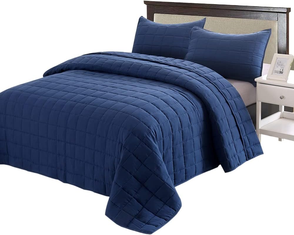 EMME Quilt Set Twin Size 2 Pieces (66x90 inches), Pre-Washed Microfiber Bedspread for All Season, Lightweight and Reversible Coverlet (Squares Pattern, Navy)