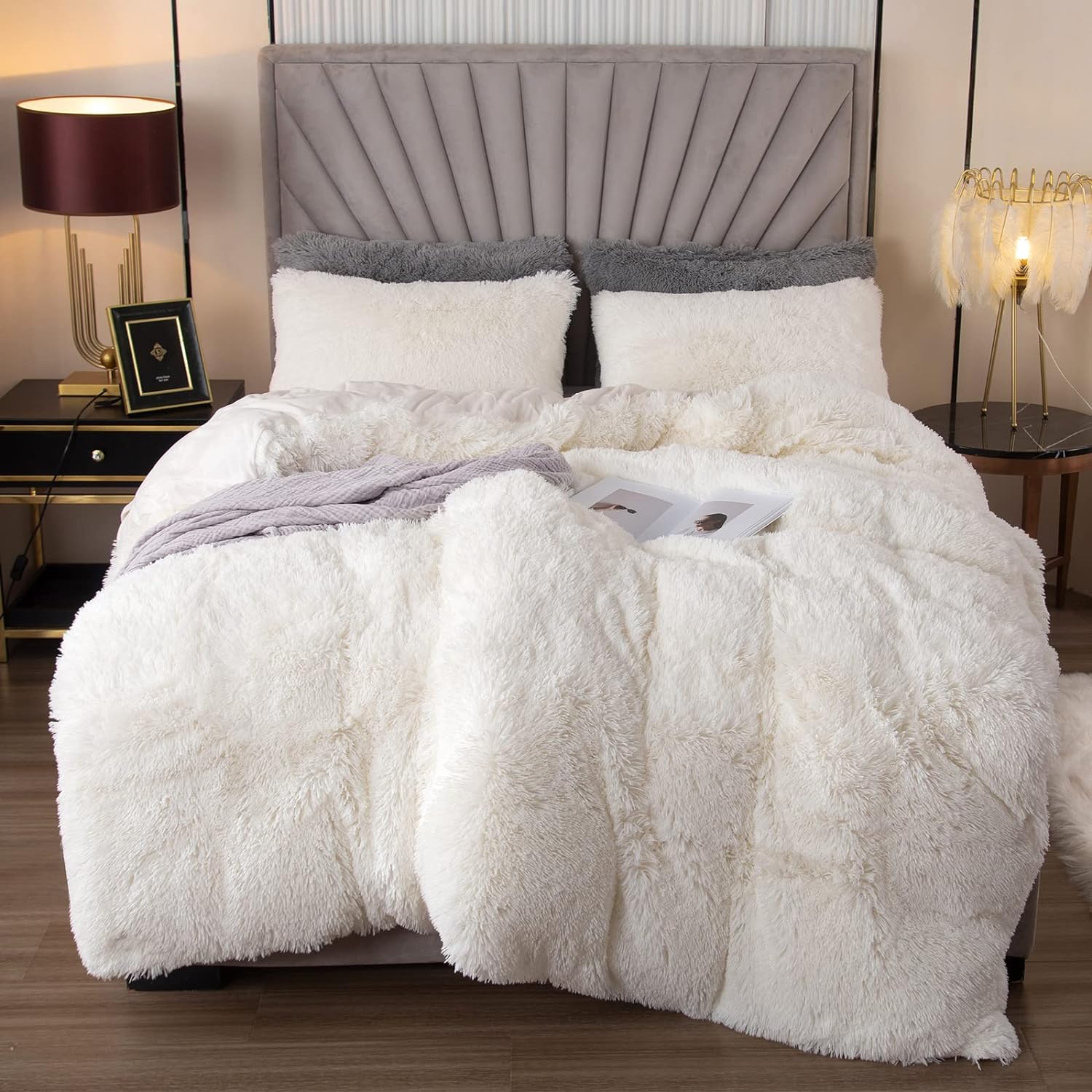 EMME Plush Shaggy White Duvet Cover Set Queen Size Luxury Fuzzy Comforter Cover Set for Queen Bed Soft Bedding Duvet Covers (White, Queen)