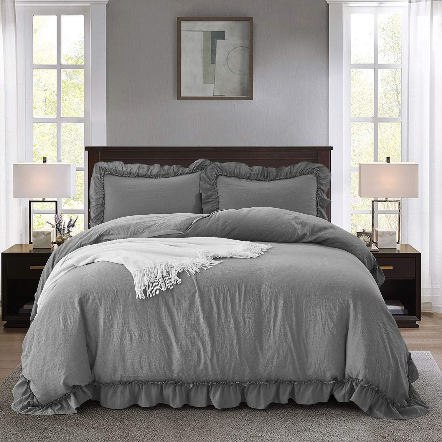 HIGI Dark Gray Duvet Cover 3 Piece Set with Rustic Ruffle Queen - Pre-Washed Brushed Microfiber Chic Farmhouse Style Comforter Cover with 2 Match Shams - 4 Corner Ties - Zipper Closure(Jana)