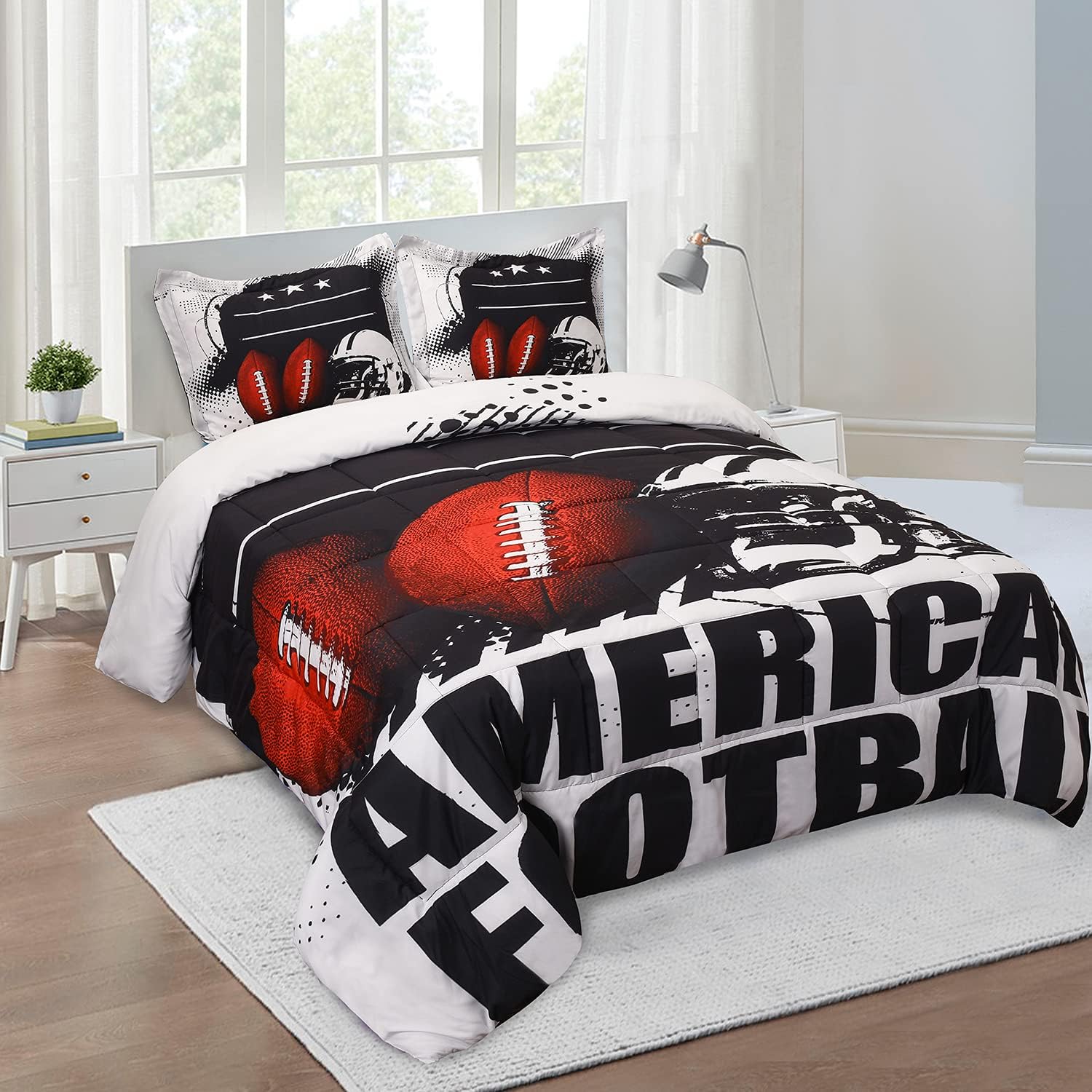 HIG 3D Printing American Football and Helmet Comforter Set, 3 Piece Sports Themed Bedding Set with Down Alternative Filling, Microfiber Quilted Duvet for Teens Bedroom, Queen Size, 90" x 92" (S25)