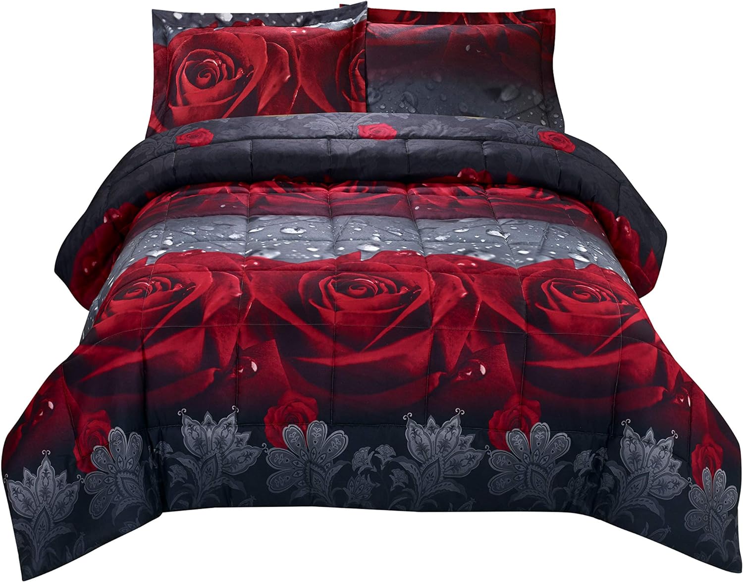 HIG 3D Comforter Set Queen - 3 Piece 3D Rose Love Romantic Moment Print Comforter Set Queen Size (Y28) - Box Stitched, Soft, Breathable, Fade Resistant - Includes 1 Comforter, 2 Shams