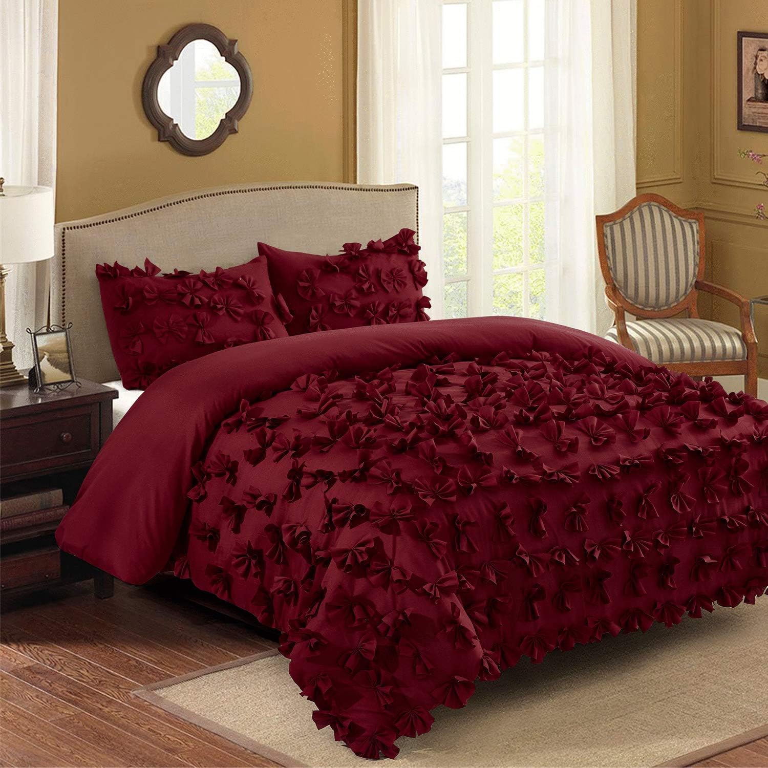 HIG 3 Piece Comforter Set Queen-Burgundy Microfiber One Hundred Butterfly Flower Applique -Enfield Bedding Collection Queen Size-Soft, Fade Resistant-1 Comforter,2 Standard Shams