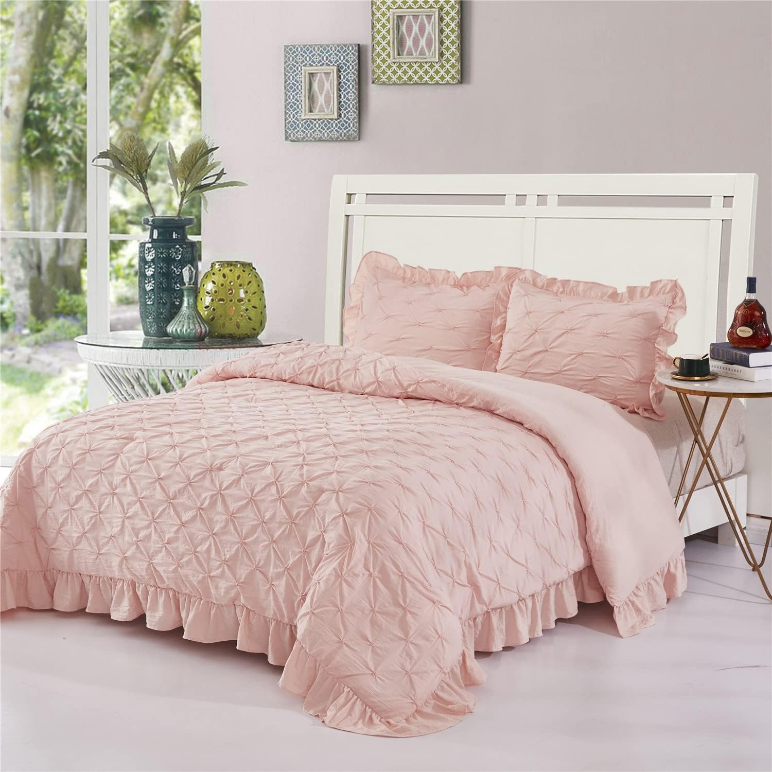 HIG Pink Lace Ruffled Comforter Set Queen - Pintuck Pinch Pleated Bedding with Shams - Super Soft Prewashed Comforter Lightweight- Chic Farmhouse Style (Brianna-Queen, Pink)