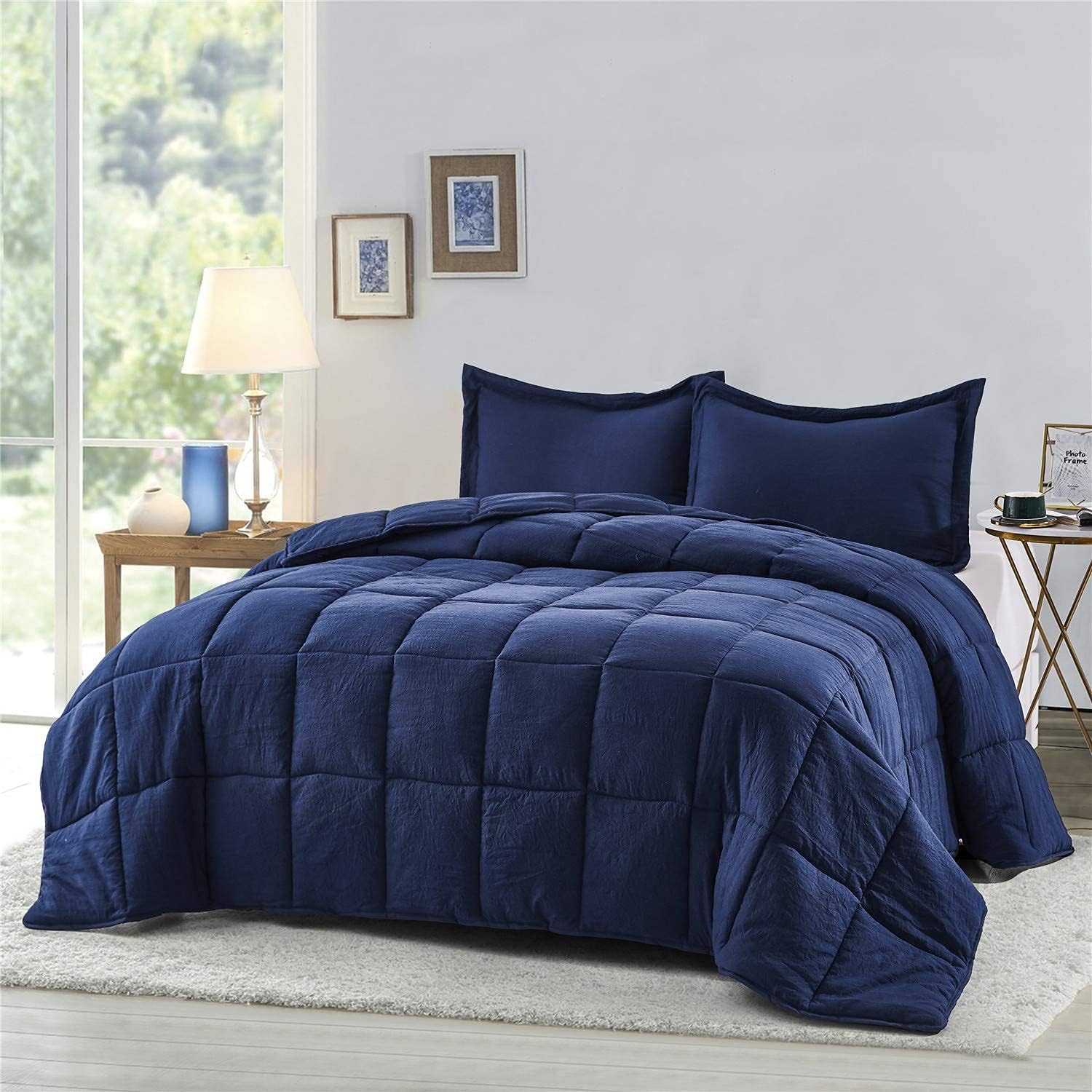 HIG Pre Washed Down Alternative Comforter Set Queen - Reversible Chic Quilt Design - Box Stitched with 4 Corner Tabs - Lightweight for All Season - Navy Blue Duvet Comforter with 2 Pillow Shams