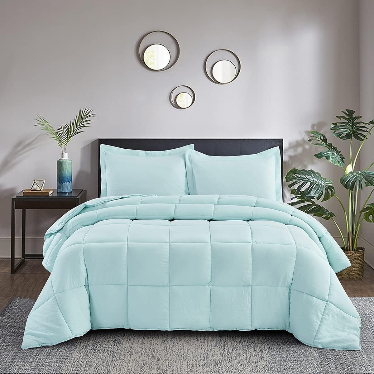 HIG Pre Washed Down Alternative Comforter Set Twin -Reversible Chic Quilt Desgin -Box Stitched with 4 Corner Tabs -Lightweight for All Season -Aqua Duvet Comforter with 2 Pillow Shams