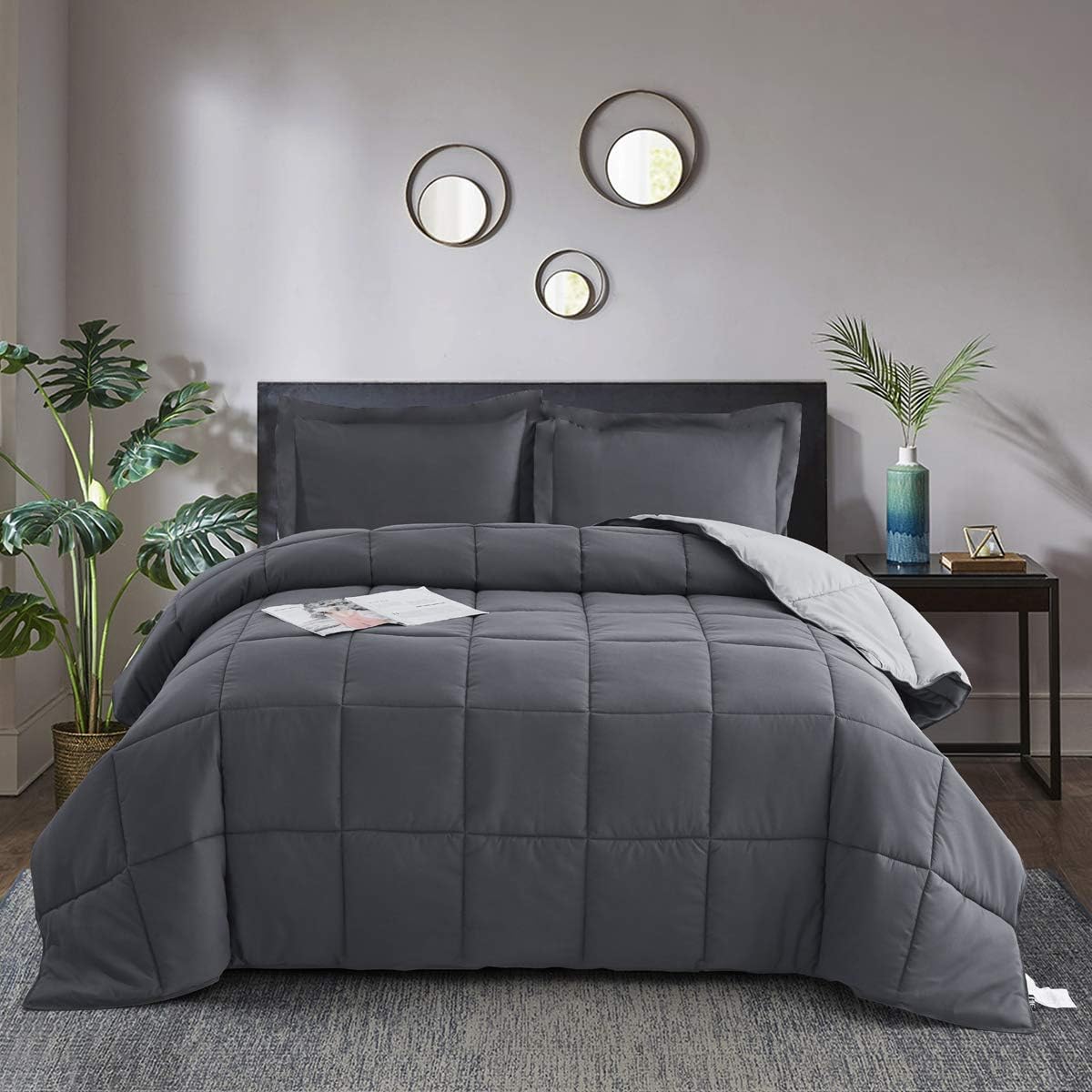 HIG 3pc Down Alternative Comforter Set - All Season Reversible Comforter with Two Shams - Quilted Duvet Insert with Corner Tabs - Box Stitched - Breathable, Soft (Full/Queen, Dark Gray/LightGray)