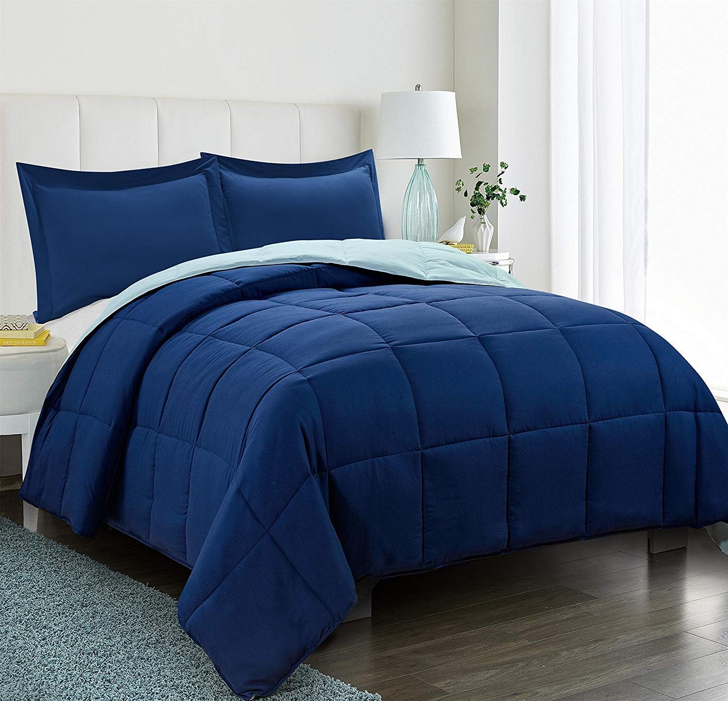 HIG 3pc Down Alternative Comforter Set - All Season Reversible Comforter with Two Shams - Quilted Duvet Insert with Corner Tabs - Box Stitched - Breathable, Soft (Full/Queen, Navy/Light Blue) 