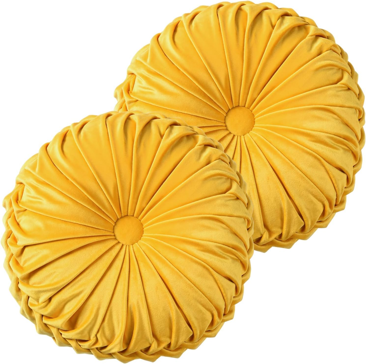 HIG Set of 2 Decorative Round Pleated Throw Pillows, Classy Accent Pumpkin Throw Pillows with Center Button, Vintage Velvet Floor Pillow for Sofa Couch Vanity Chair Bed, Yellow, 14.5 Diameter(RIPPLE) 