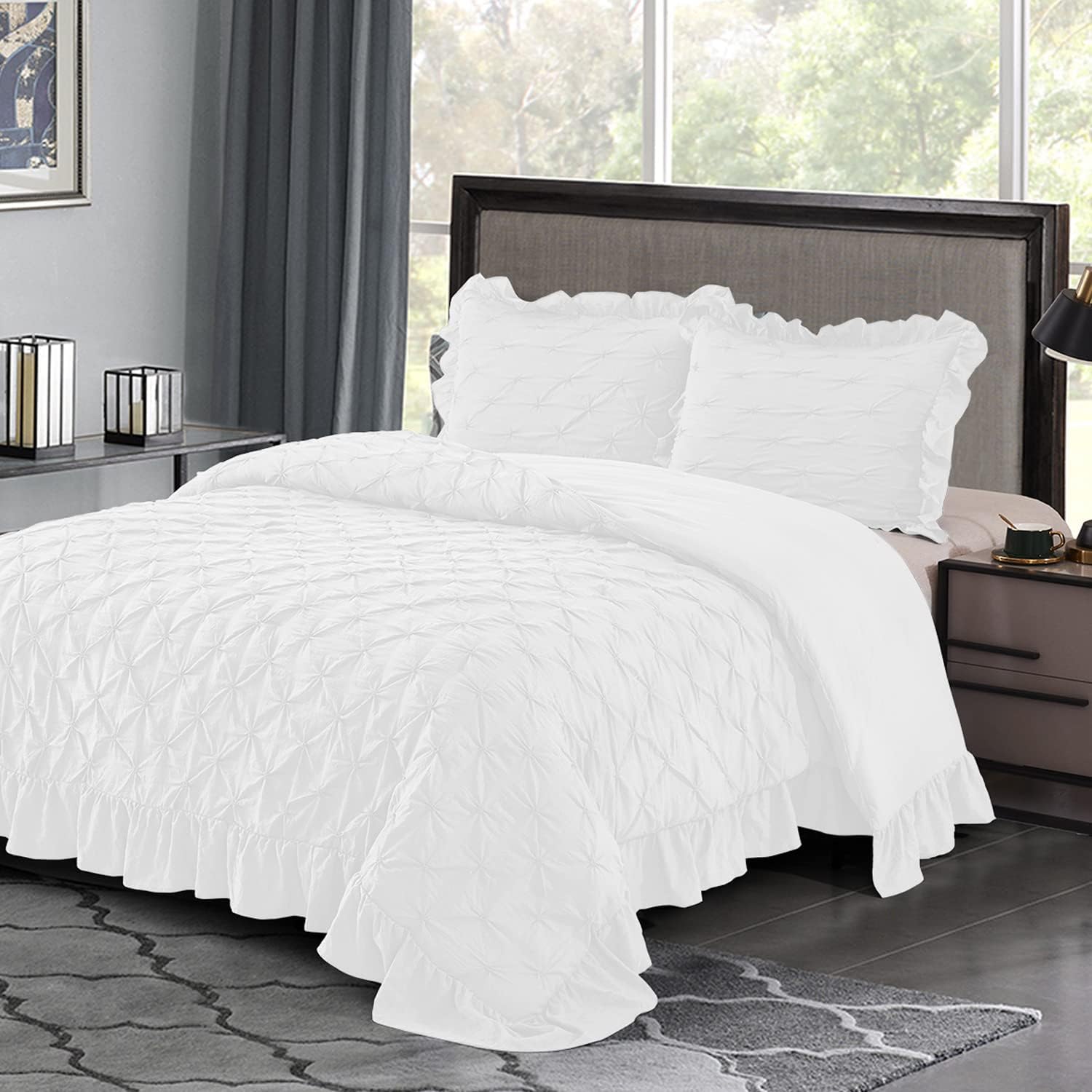 HIG Chic Comforter Set King Gray Lace Ruffled - Pintuck Pinch Pleat Design - Super Soft Prewashed Microfiber Lightweight - 3 Piece Bedding Set with Two Shams(Brianna-King,White) 