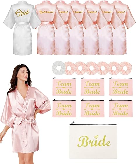 EPLAZA 6 Pcs Bride Bridesmaid Robes for Wedding Party Women Silky Robe with Eye Mask, Bride Sash, Bridal Veil and Hair Ties