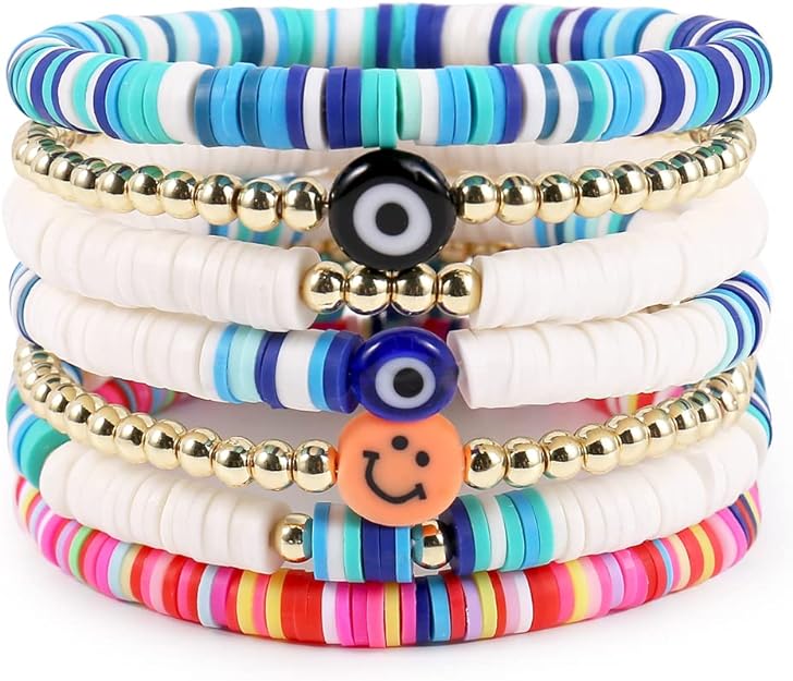  Colorful Beaded Stretch Bracelets Set for Women Smile Blue Evil Eye Polymer Summer Beach Jewelry Gifts For Bestfriends, Couple, Family Members, Siblings, Sister, Lover 