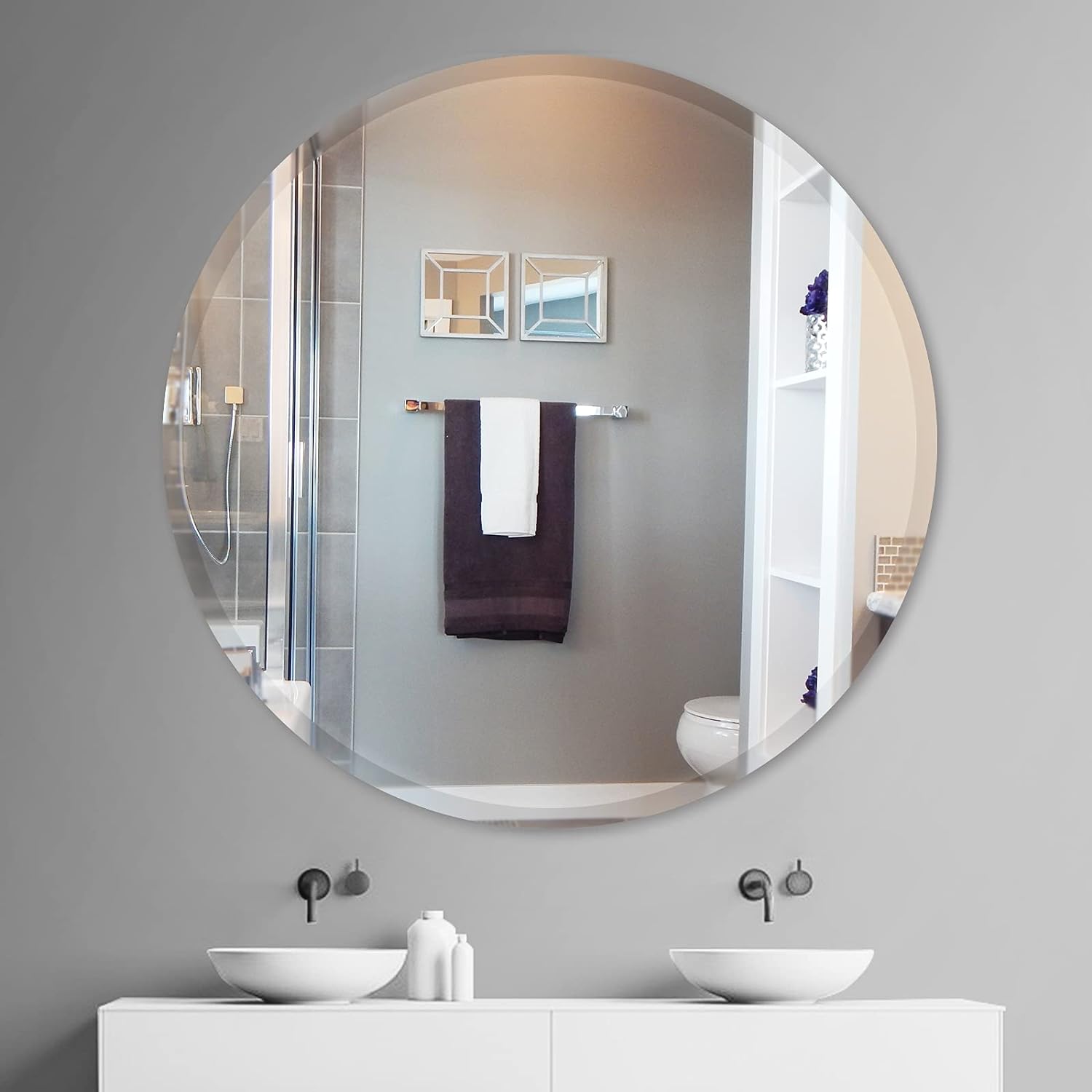 Best 32 Inch Round Frameless Bathroom Mirror, Beveled Round Mirror, Circle Vanity Mirror with 1 Beveled Edge for Bathroom, Entryways, Living Room. 