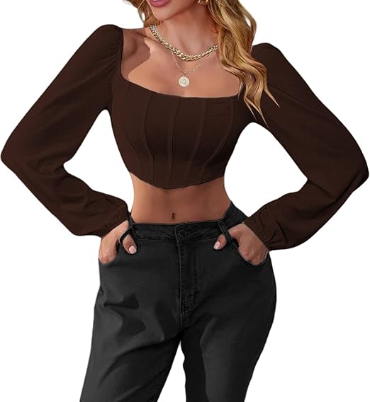 SOFIA'S CHOICE Women' Rib Knit Crop Top Long Sleeve Square Neck Puff Corset Blouse