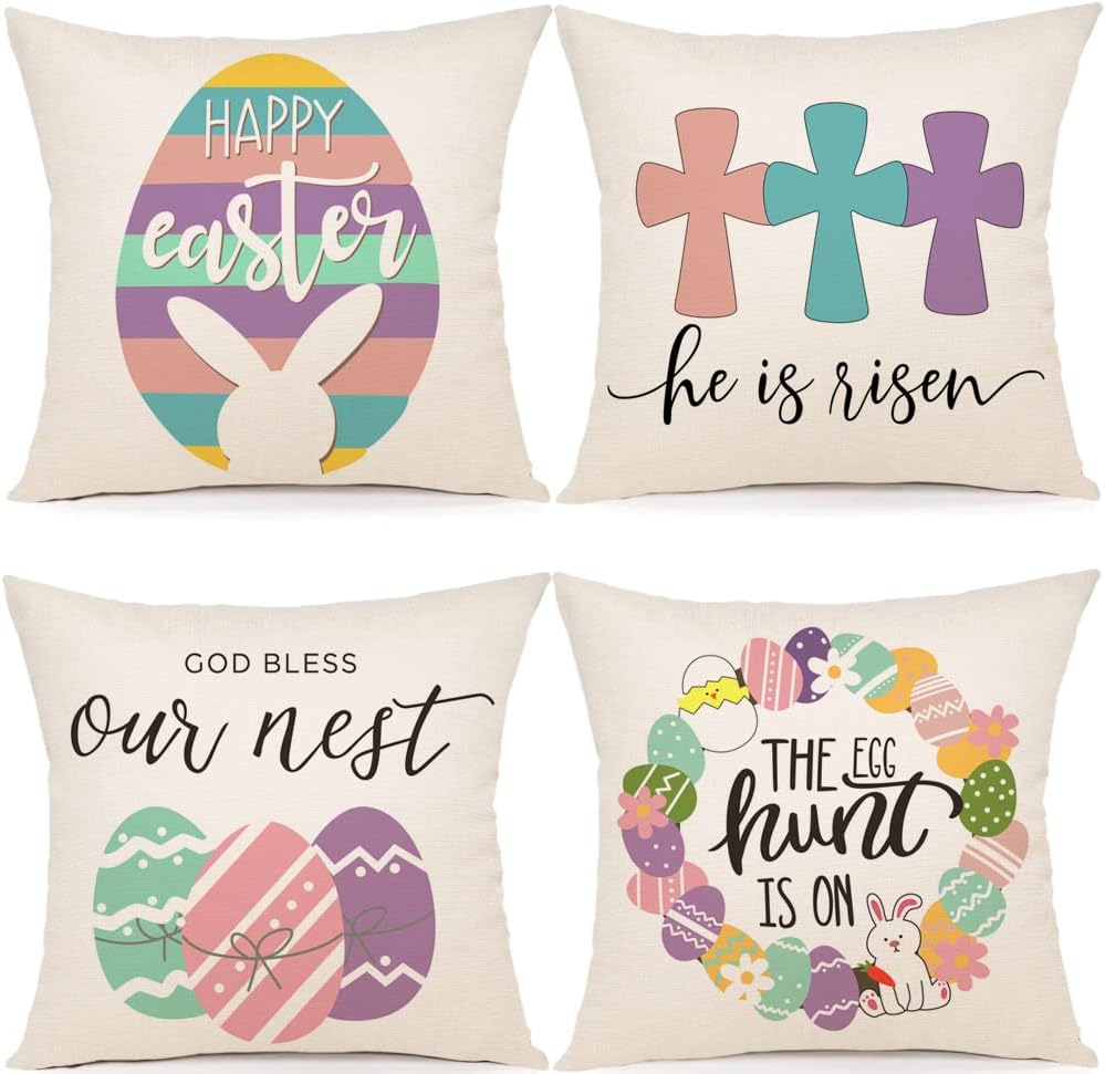 ZWJD Easter Pillow Covers 18x18 Easter Decor Pillows Easter Eggs Decorative Throw Pillows Farmhouse Easter Decorations for Home Set of 4