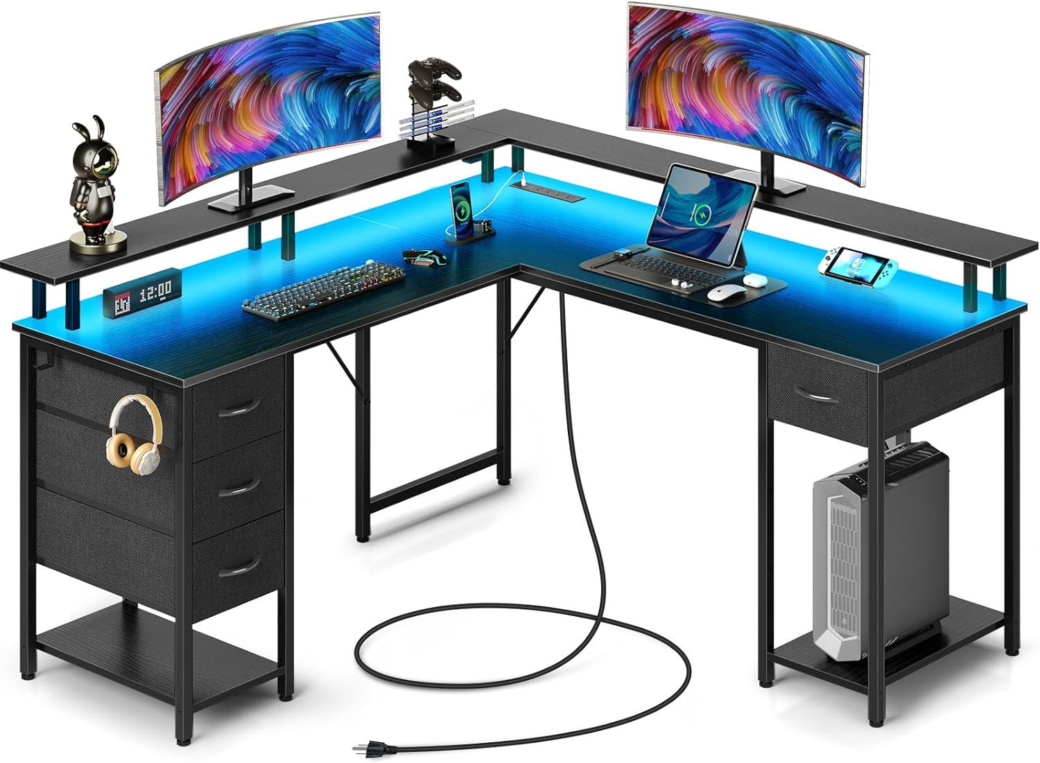  Seventable L Shaped Computer Desk with Drawers, Reversible Gaming Desk with LED Lights & Charging Port, Corner Desk with Storage Shelves & Monitor Stand for Home Office Black 