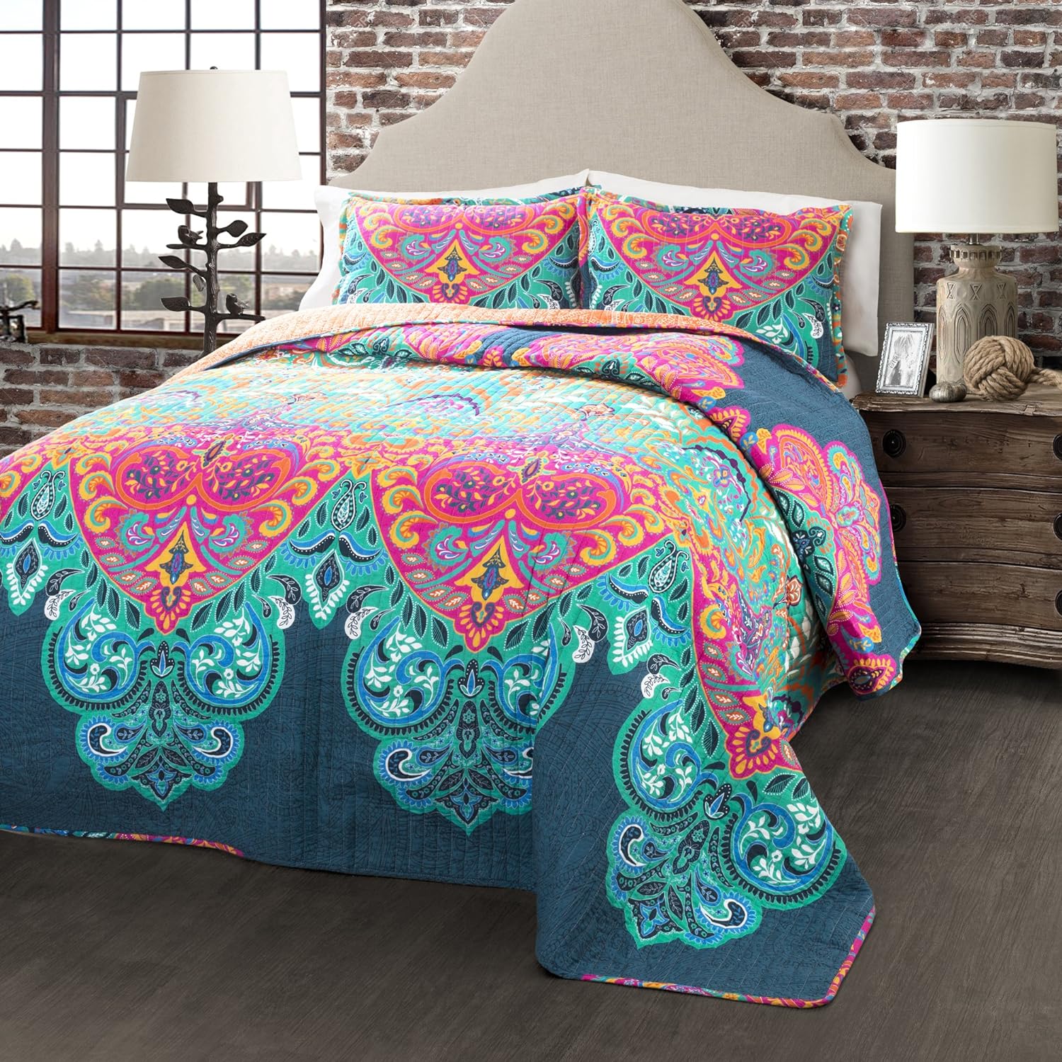 Lush Decor Boho Chic Reversible Cotton Quilt 3-Piece Set, Full/ Queen, Turquoise & Navy - Bright Paisley Print, Vibrant & Colorful Bohemian Bedding Set 