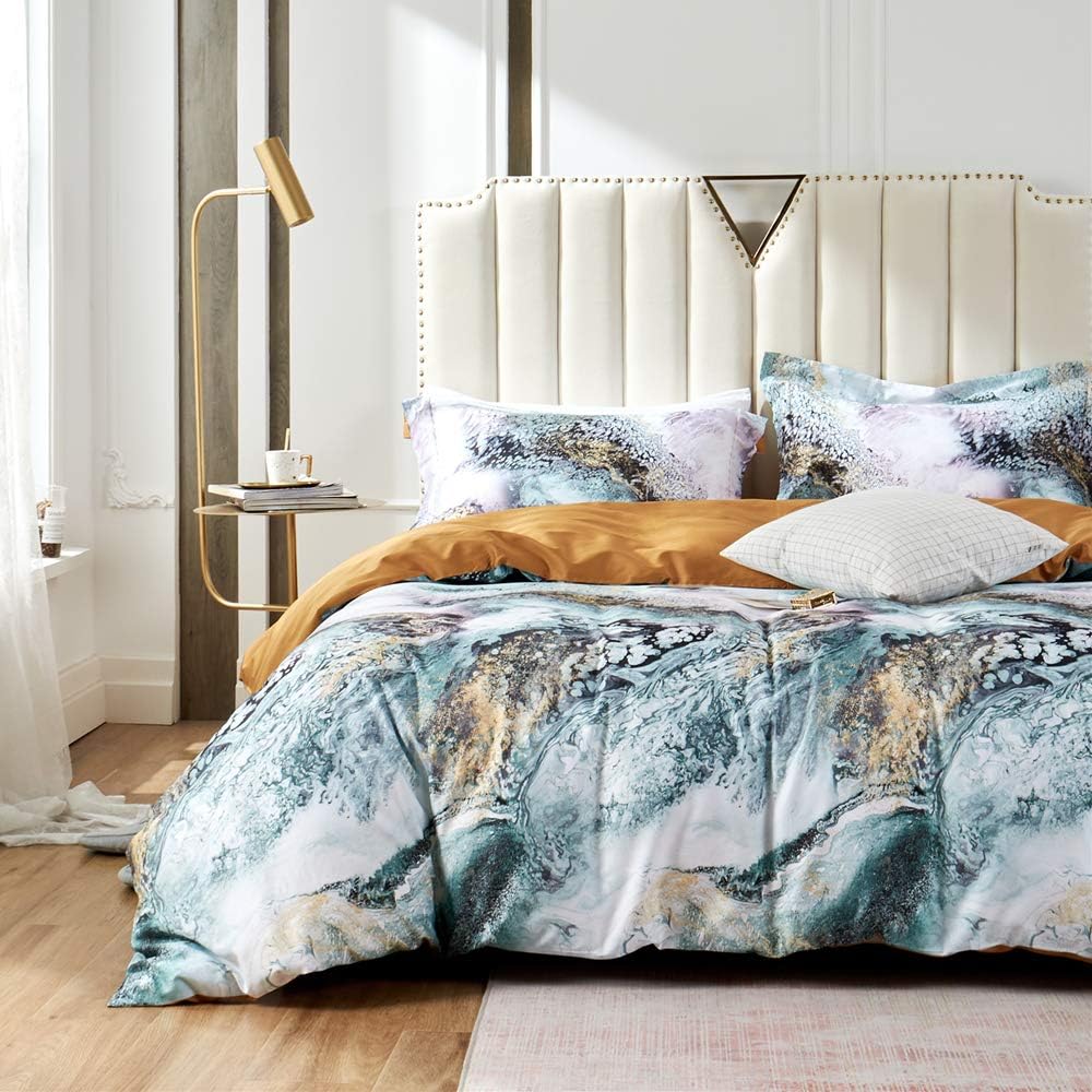  MILDLY 100% Egyptian Cotton Duvet Cover Set Green Golden Grey Mixed Marbling Pattern Printed Comforter Cover Set Abstract Unique Design Bedding Set Queen Size with Zipper Closure & Corner Ties 