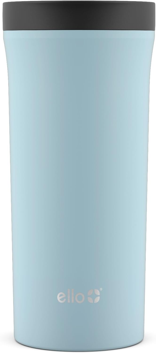 Ello Arabica 14oz Vacuum Insulated Stainless Steel Powder Coat Coffee Travel Mug with Leak-Proof Slider Lid, Keeps Hot for 5 Hours, Perfect for Coffee or Tea, BPA-Free Tumbler, Light Blue