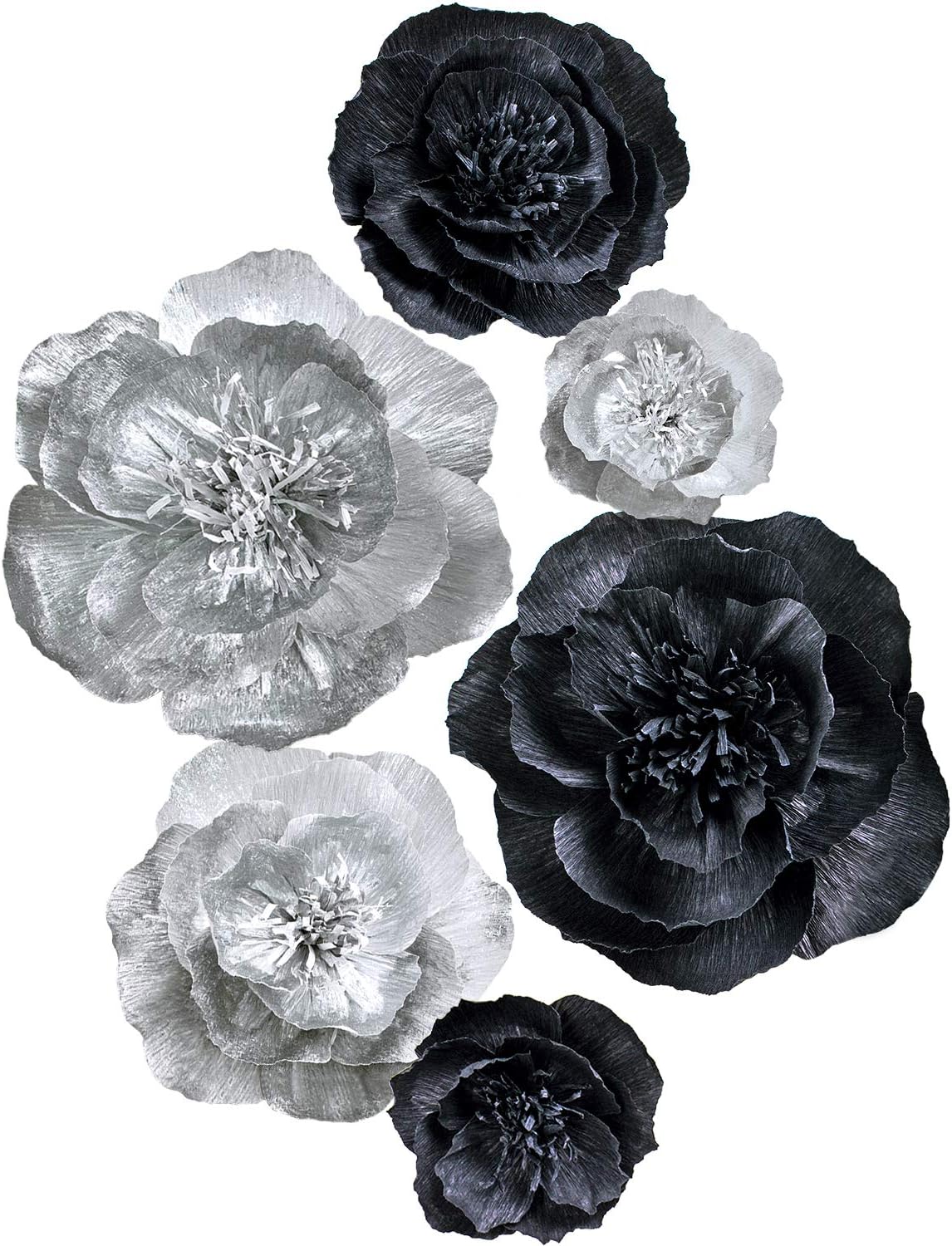 Letjolt Black Paper Flower Decorations for Wall Gothic Style Backdrop Wedding Birthday Baby Shower Bridal Shower Nursery Wall(Silver Black Set 6)