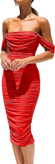 PRETTYGARDEN Women' Summer Off The Shoulder Ruched Bodycon Dresses Sleeveless Fitted Party Club Midi Dress