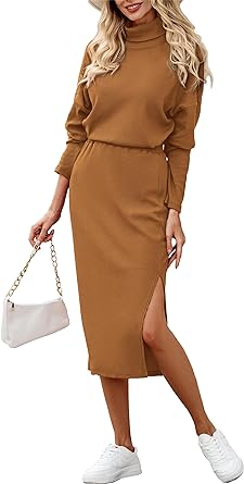 PRETTYGARDEN Women' 2024 Winter 2 Piece Tracksuit Long Sleeve Turtleneck Ribbed Top And Midi Skirt Dress Sets