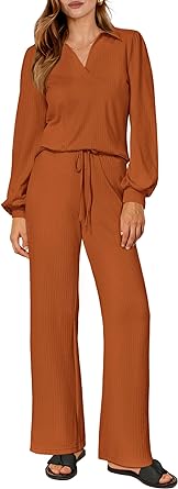 PRETTYGARDEN Womens Fall Clothes Two Piece Outfit Set Long Sleeve Lapel V Neck Tops Blouses Wide Leg Pants Ribbed Tracksuit