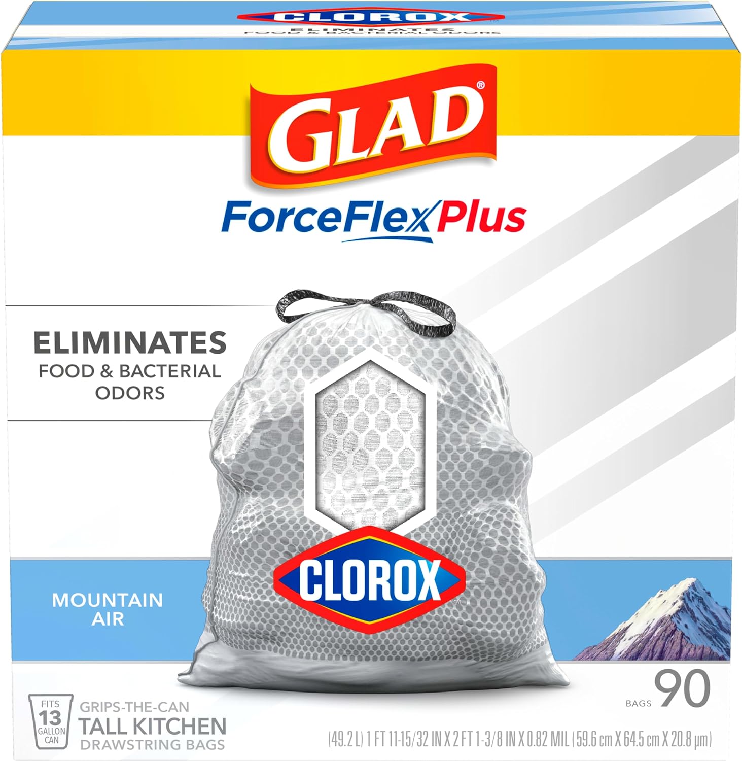 Glad Tall Kitchen Trash Bags ForceFlexPlus With Clorox, 13 Gallon, Mountain Air 90 Count