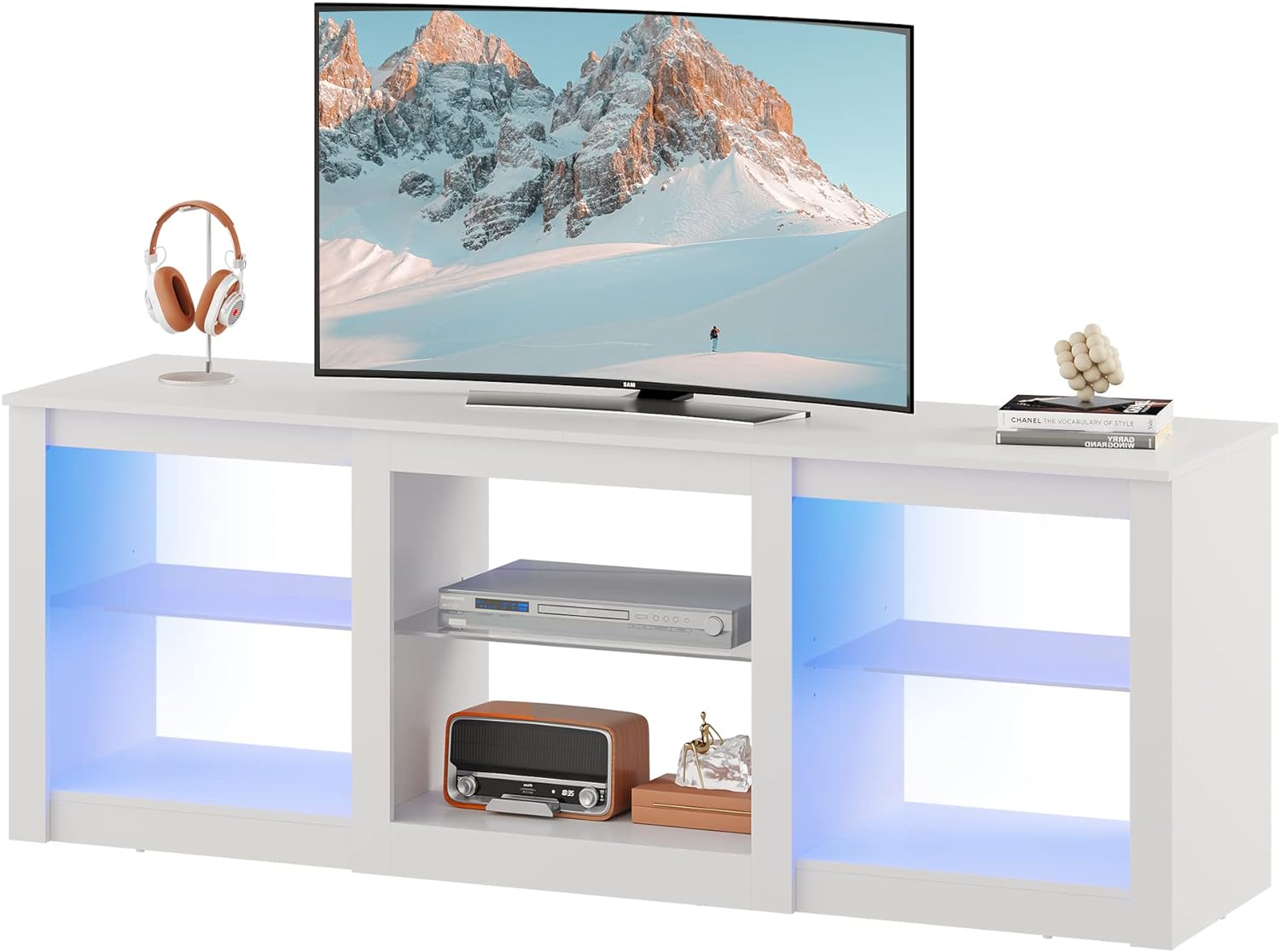  WLIVE TV Stand with LED Lights for TVs up to 65 inch, Entertainment Center with Glass Shelves, Modern TV Console for Living Room, Media Console with Storage, White 