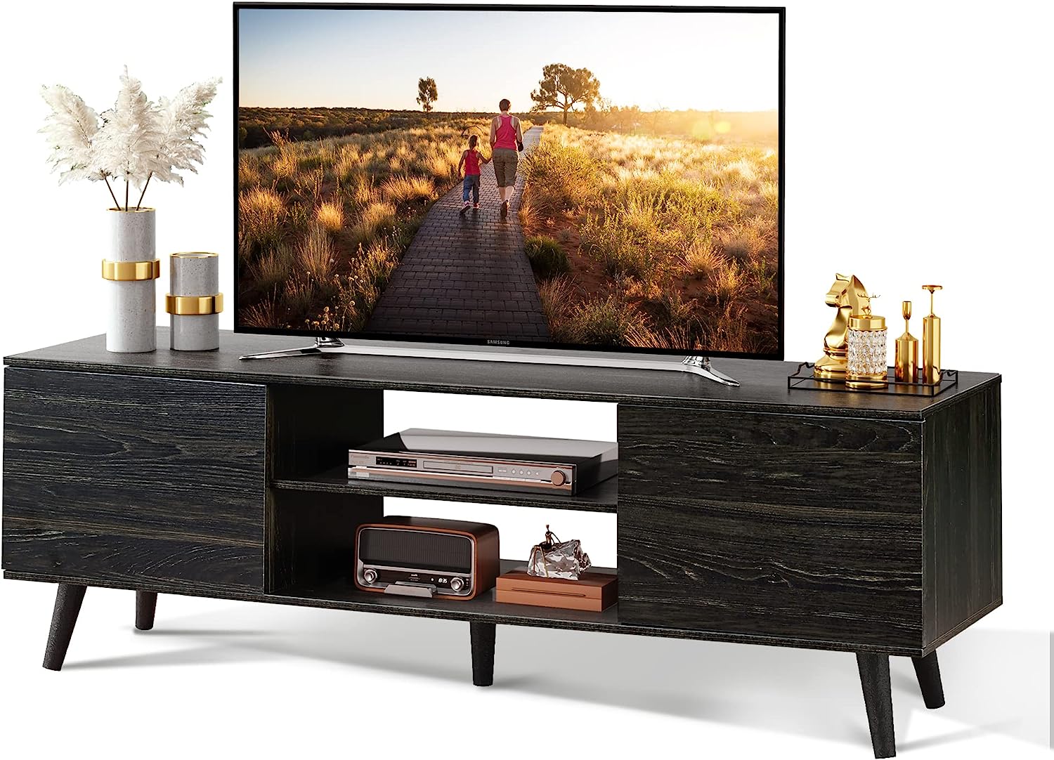  WLIVE TV Stand for 55 60 inch TV, Modern Entertainment Center with Storage Cabinets, Mid Century TV Console Table for Bedroom, TV Stand for Living Room, Charcoal Black 