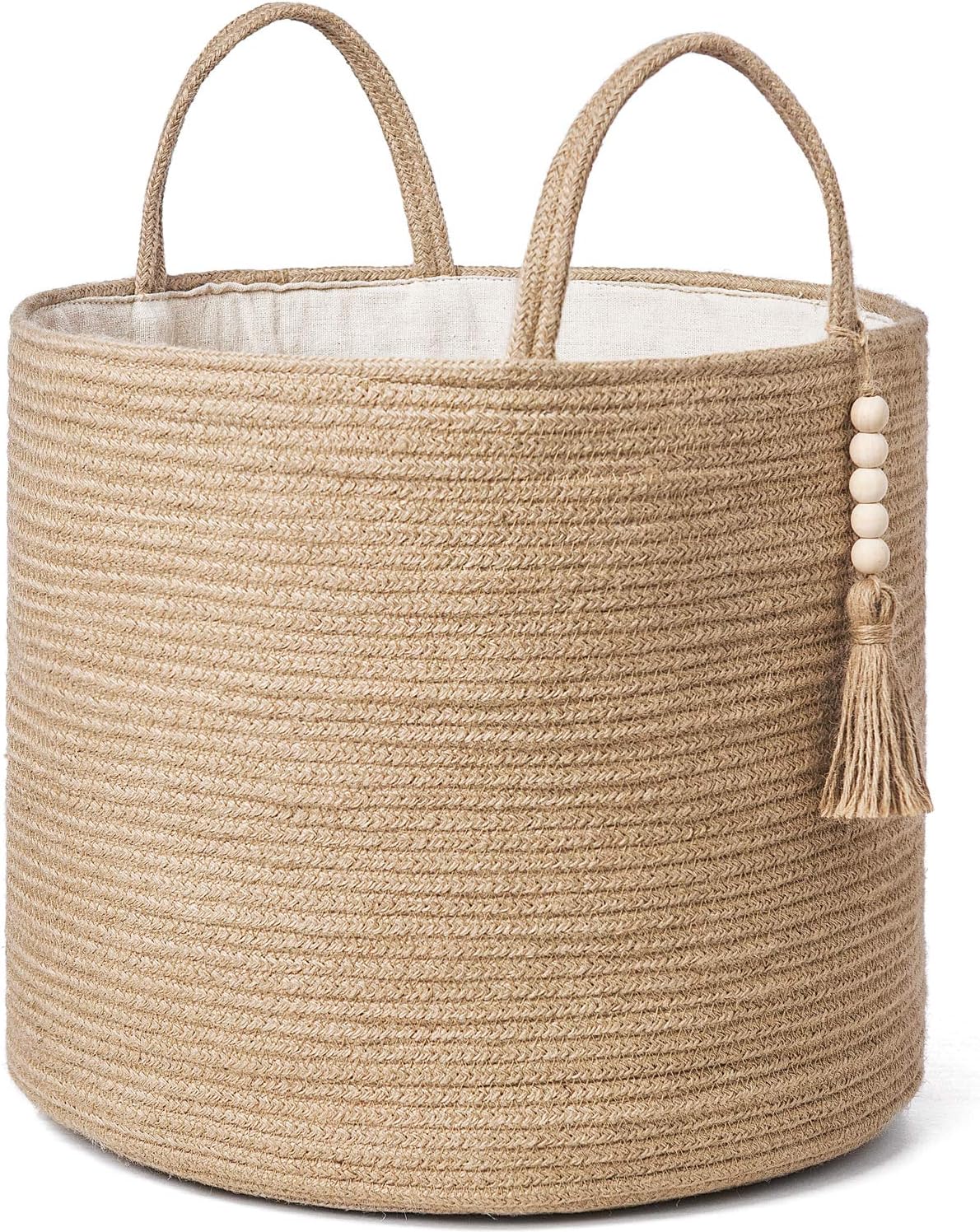  Mkono Woven Storage Basket Decorative Rope Basket Wooden Bead Decoration for Blankets,Toys,Clothes,Shoes,Plant Organizer Bin with Handles Living Room Home Decor, Jute, 16 W  13.8L 