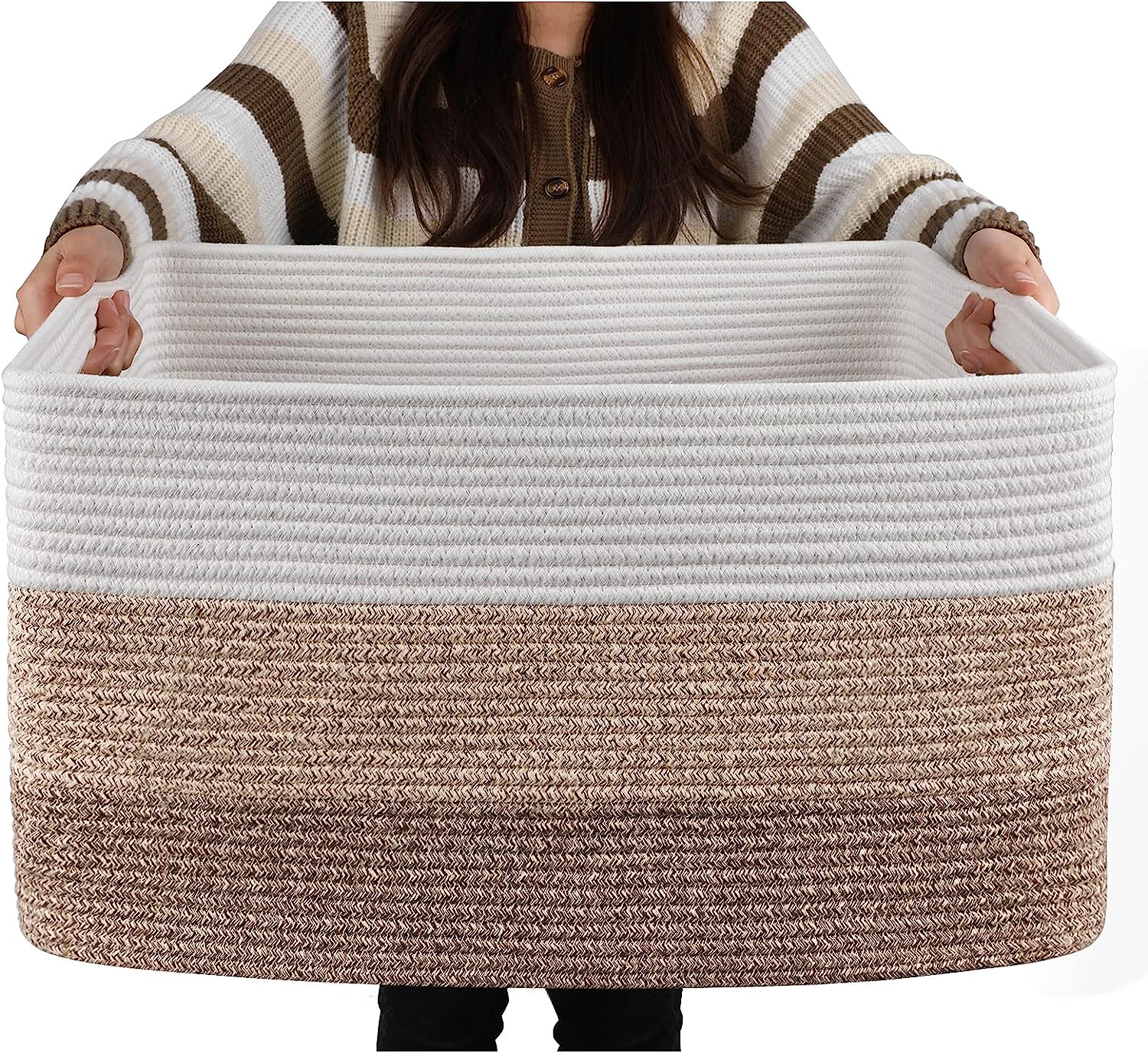  OIAHOMY Large Rectangle Blanket Basket, Woven Nursery Cotton Rope Baskets for Storage, Living Room, Toy Organizing with Handle-22x17x12-Gradient Yellow 