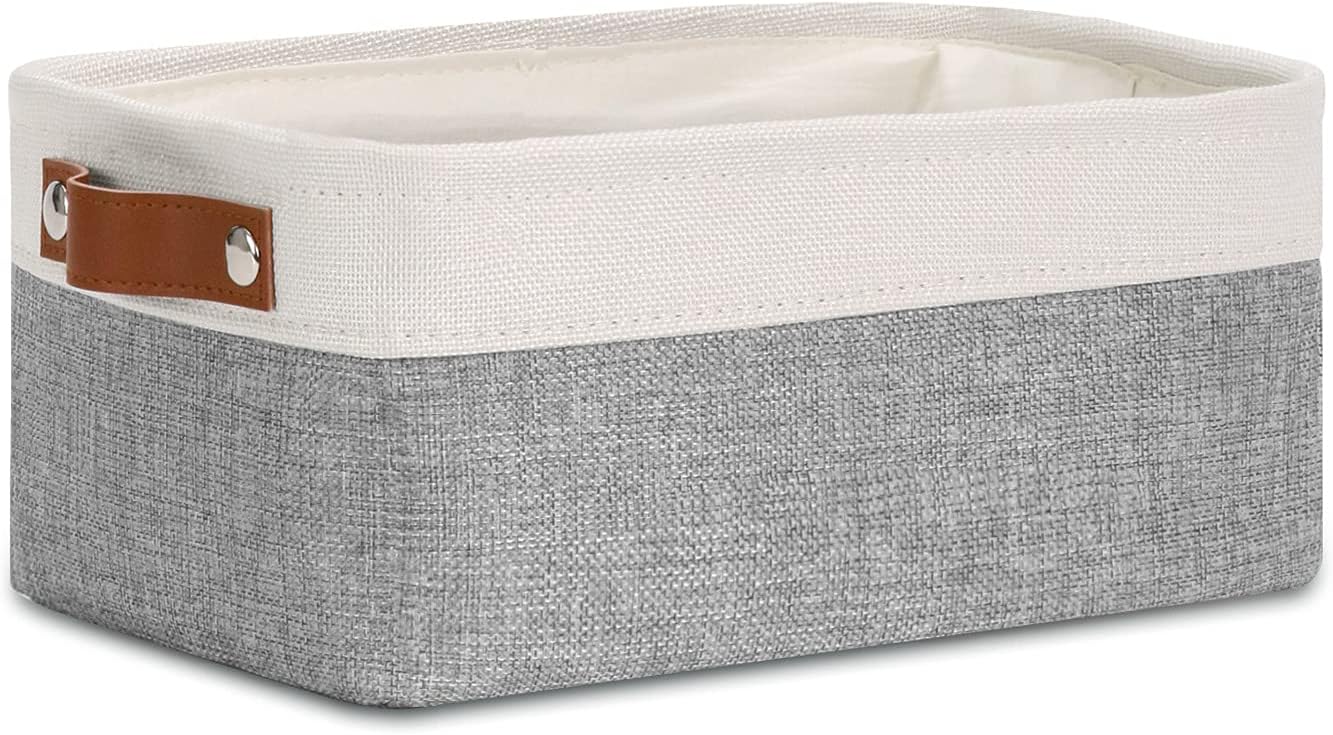  DULLEMELO Small Storage Basket for Organizing, Collapsible Fabric Basket for Shelves, Closets, Laundry, Nursery, Decorative Basket for Gifts Empty (White&Gray) 