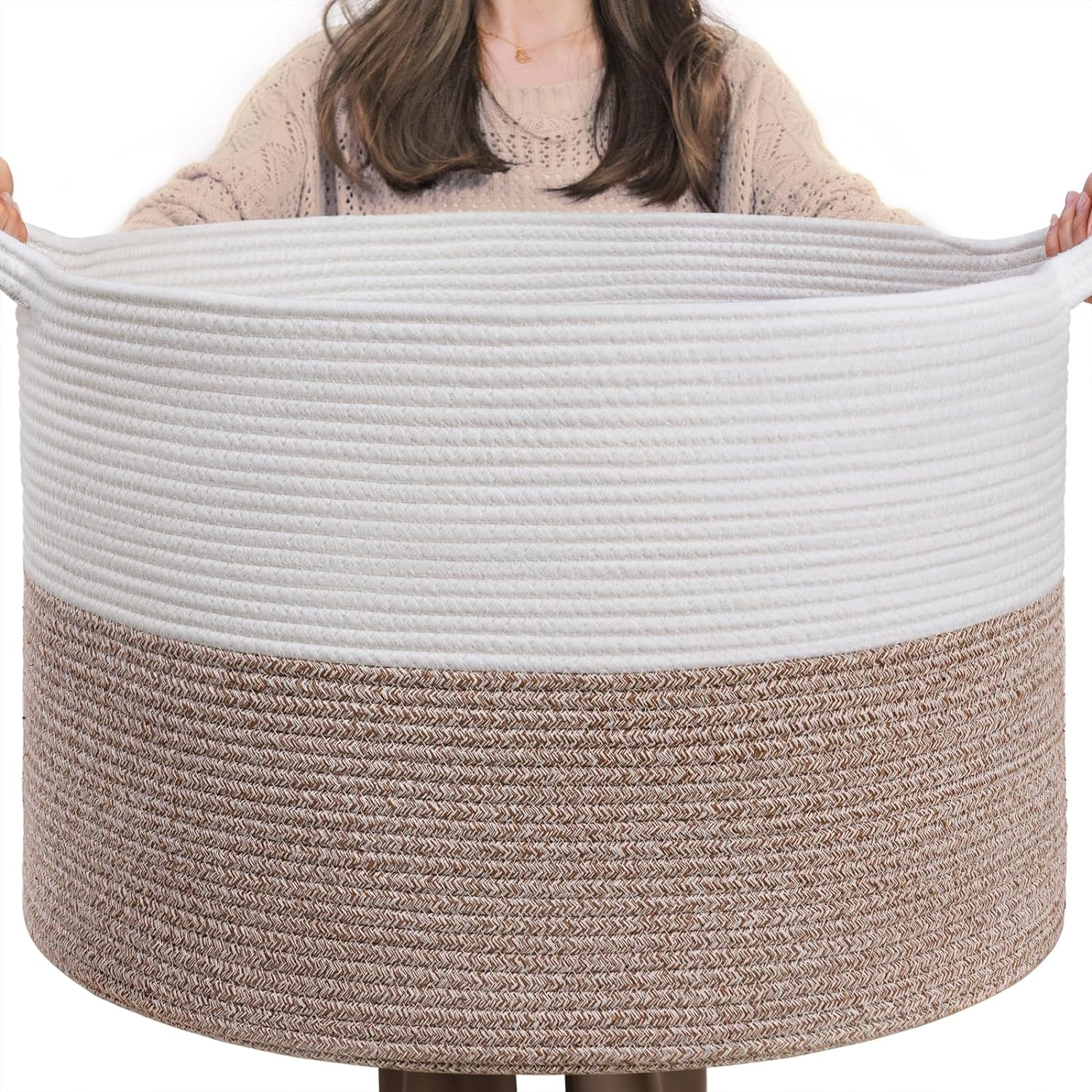  INDRESSME XXXLarge Cotton Rope Basket 21.7 x 21.7 x 13.8 Woven Baby Laundry Blanket Basket Toy Basket with Handle Storage Comforter Cushions Thread Laundry Hamper White & Brown 